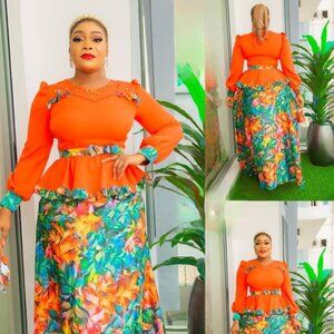 NWT Orange  2-Piece Multicolor Floral Skirt Set